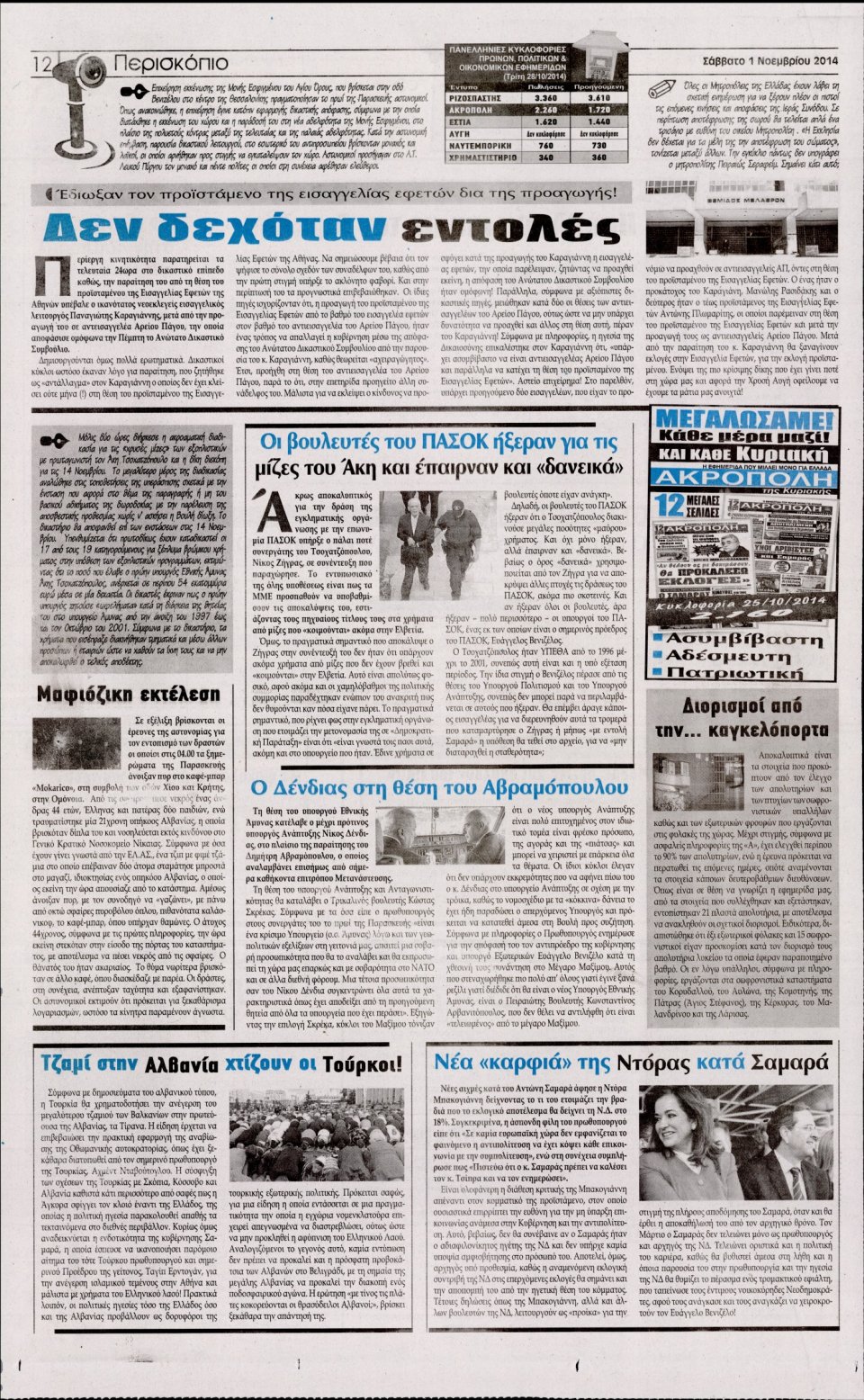 Οπισθόφυλλο Εφημερίδας - Η Ακρόπολη - 2014-11-01
