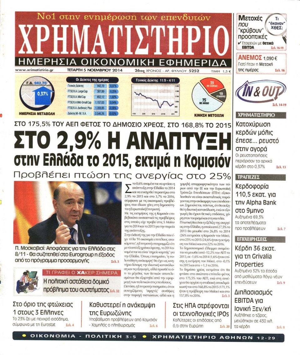 Πρωτοσέλιδο Εφημερίδας - Χρηματιστήριο - 2014-11-05