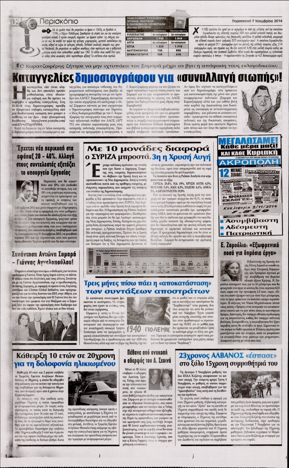 Οπισθόφυλλο Εφημερίδας - Η Ακρόπολη - 2014-11-07