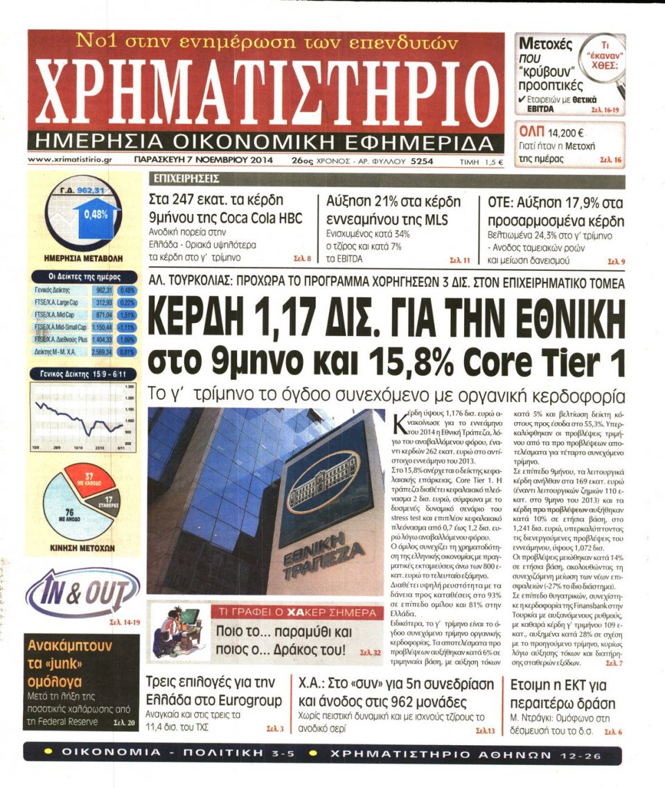 Πρωτοσέλιδο Εφημερίδας - Χρηματιστήριο - 2014-11-07