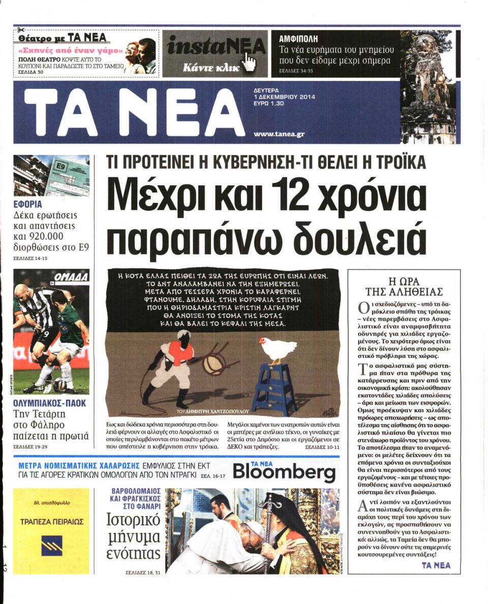 Πρωτοσέλιδο Εφημερίδας - Τα Νέα - 2014-12-01