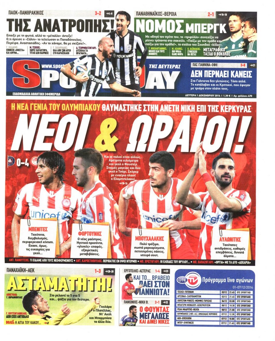 Πρωτοσέλιδο Εφημερίδας - Sportday - 2014-12-01