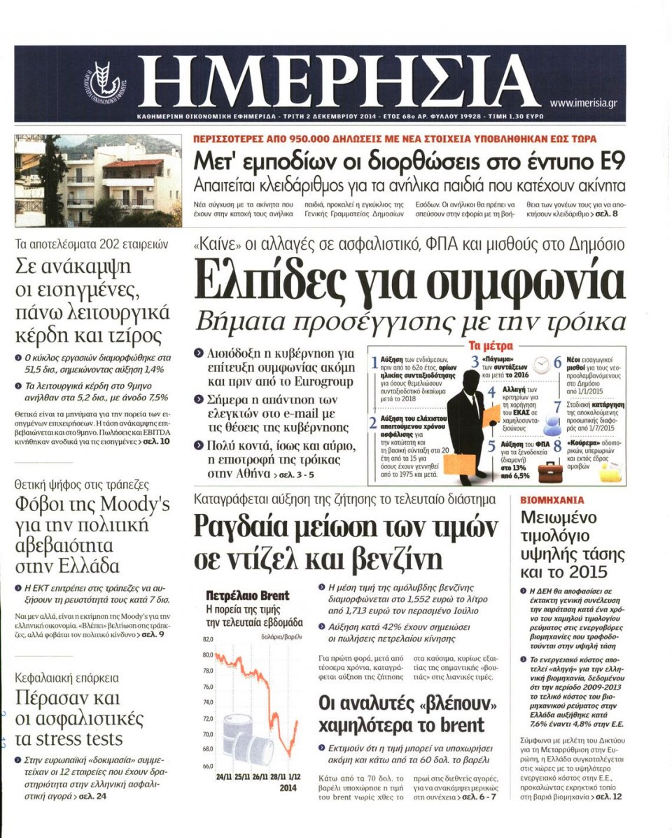 Πρωτοσέλιδο Εφημερίδας - Ημερησία - 2014-12-02