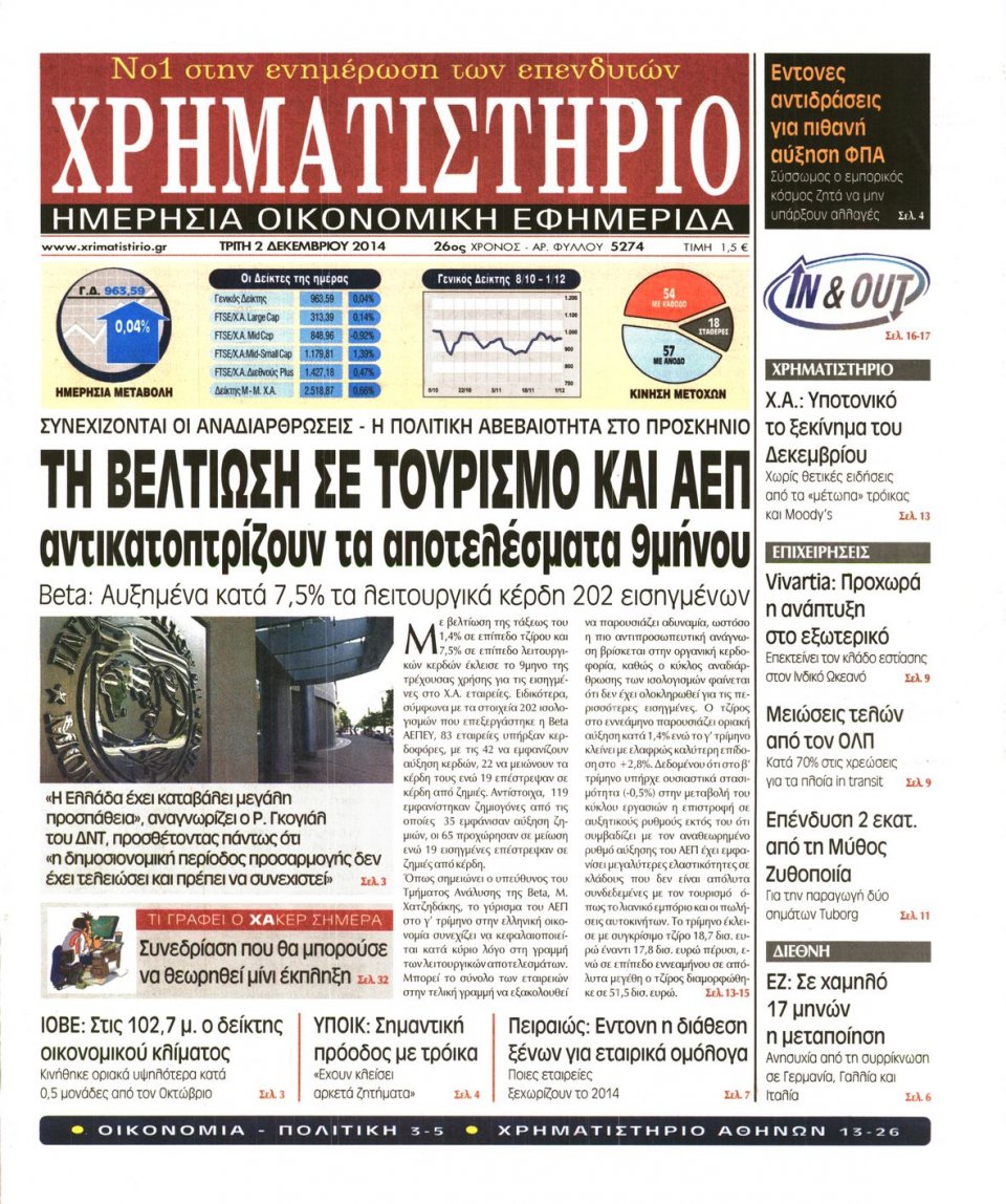 Πρωτοσέλιδο Εφημερίδας - Χρηματιστήριο - 2014-12-02