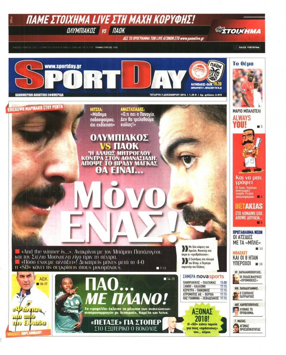 Πρωτοσέλιδο Εφημερίδας - Sportday - 2014-12-03