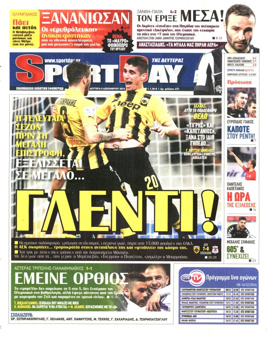 Πρωτοσέλιδο Εφημερίδας - Sportday - 2014-12-08
