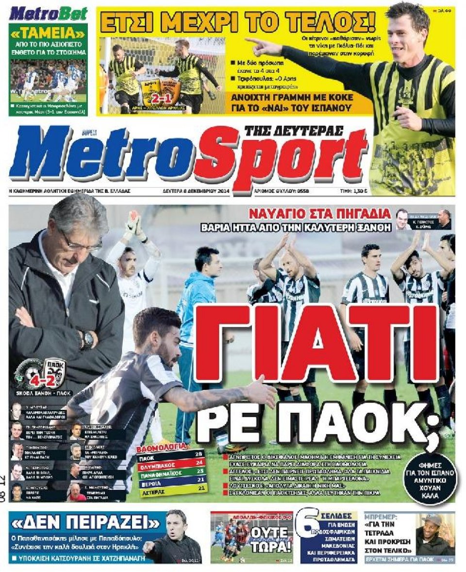 Πρωτοσέλιδο Εφημερίδας - METROSPORT - 2014-12-08