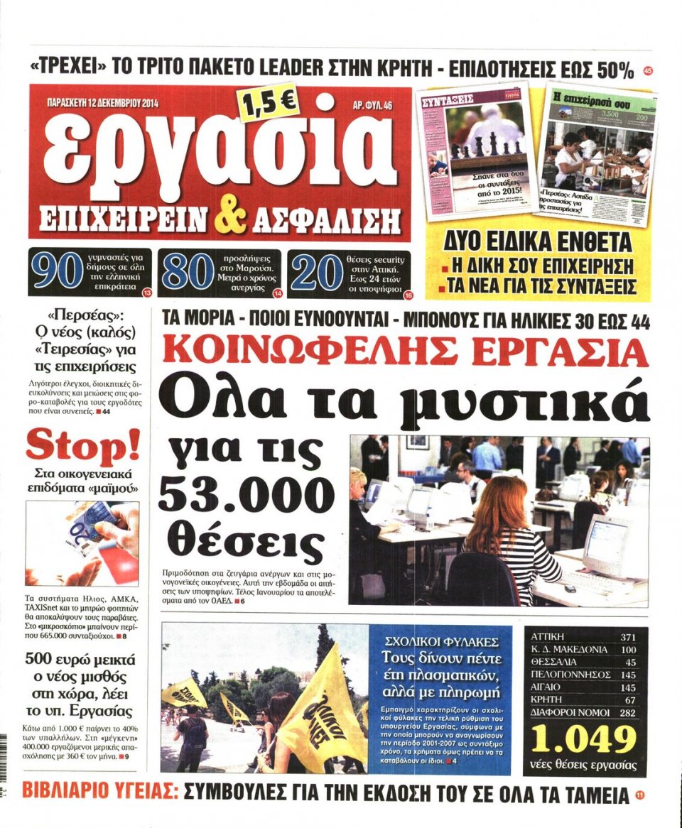 Πρωτοσέλιδο Εφημερίδας - ΕΡΓΑΣΙΑ - 2014-12-12