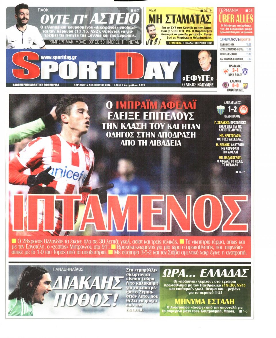 Πρωτοσέλιδο Εφημερίδας - Sportday - 2014-12-14