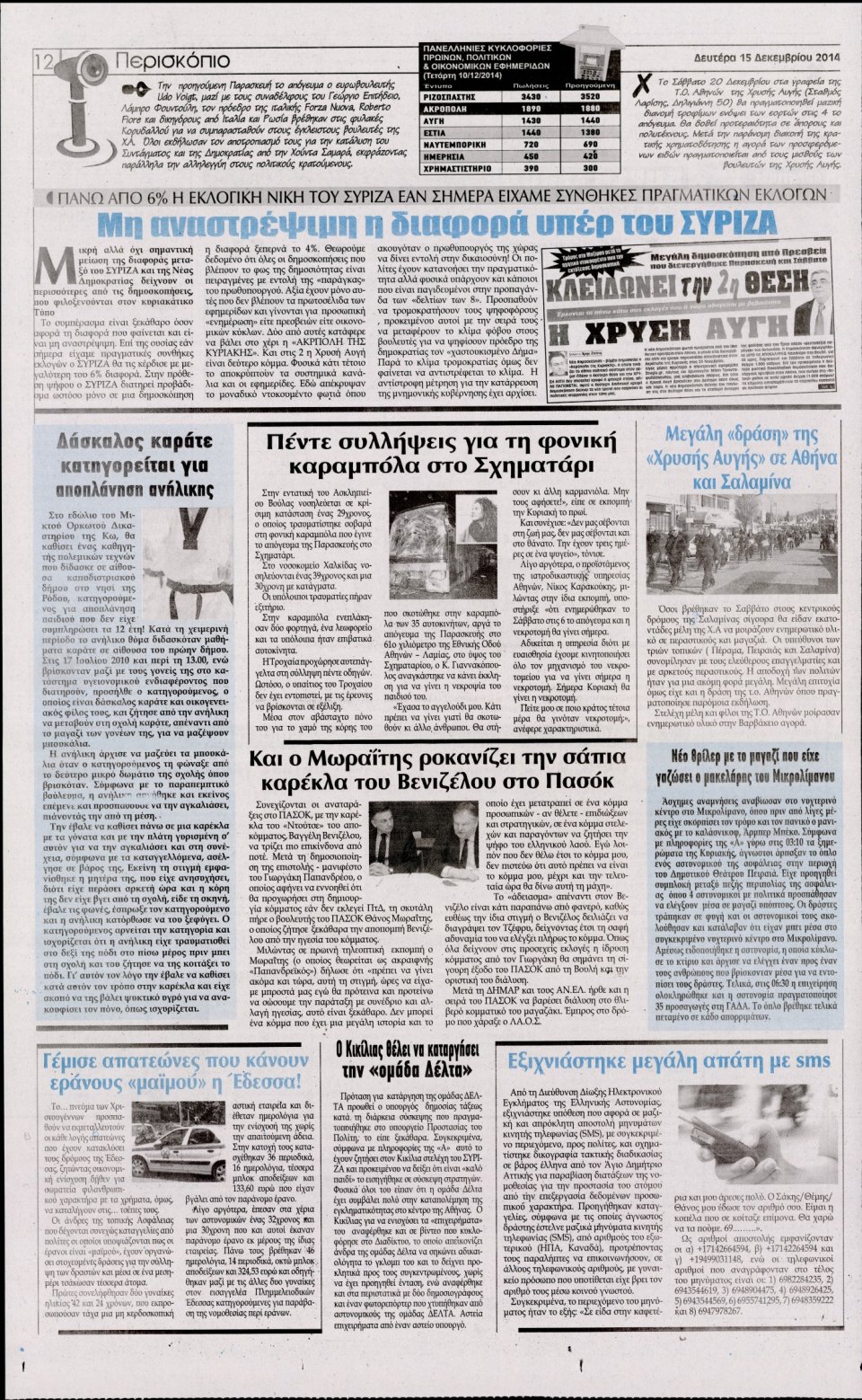 Οπισθόφυλλο Εφημερίδας - Η Ακρόπολη - 2014-12-15
