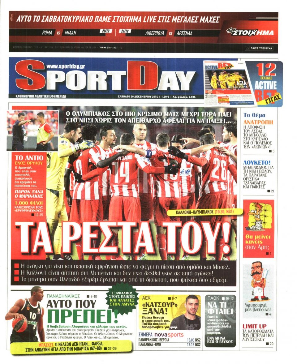 Πρωτοσέλιδο Εφημερίδας - SPORTDAY - 2014-12-20