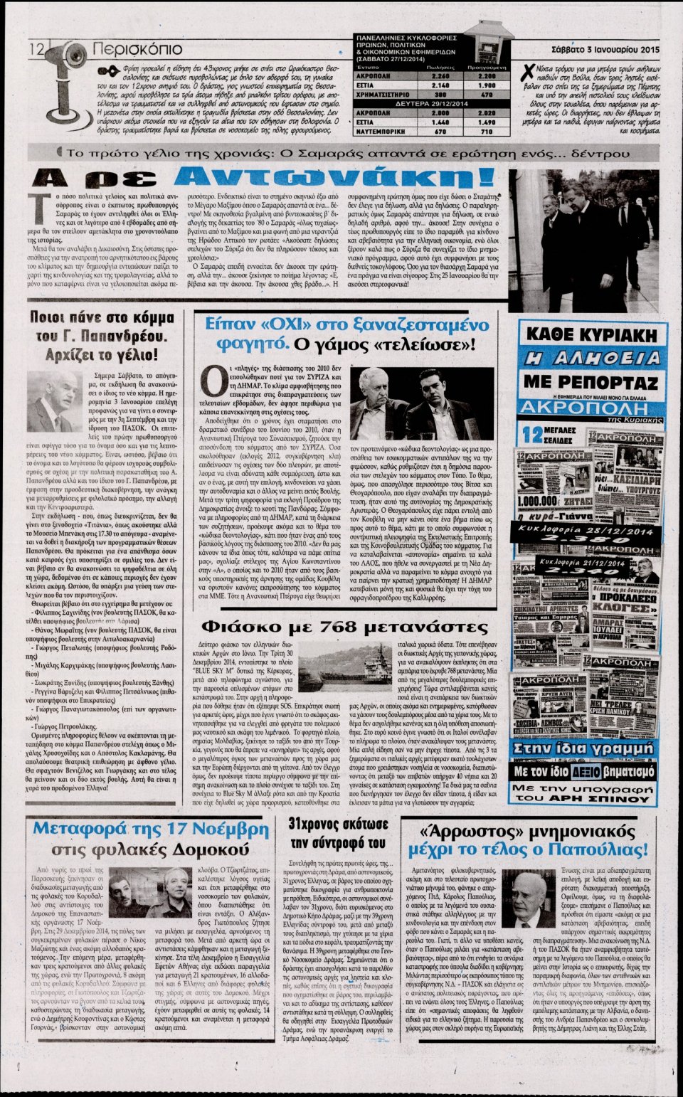 Οπισθόφυλλο Εφημερίδας - Η ΑΚΡΟΠΟΛΗ - 2015-01-03