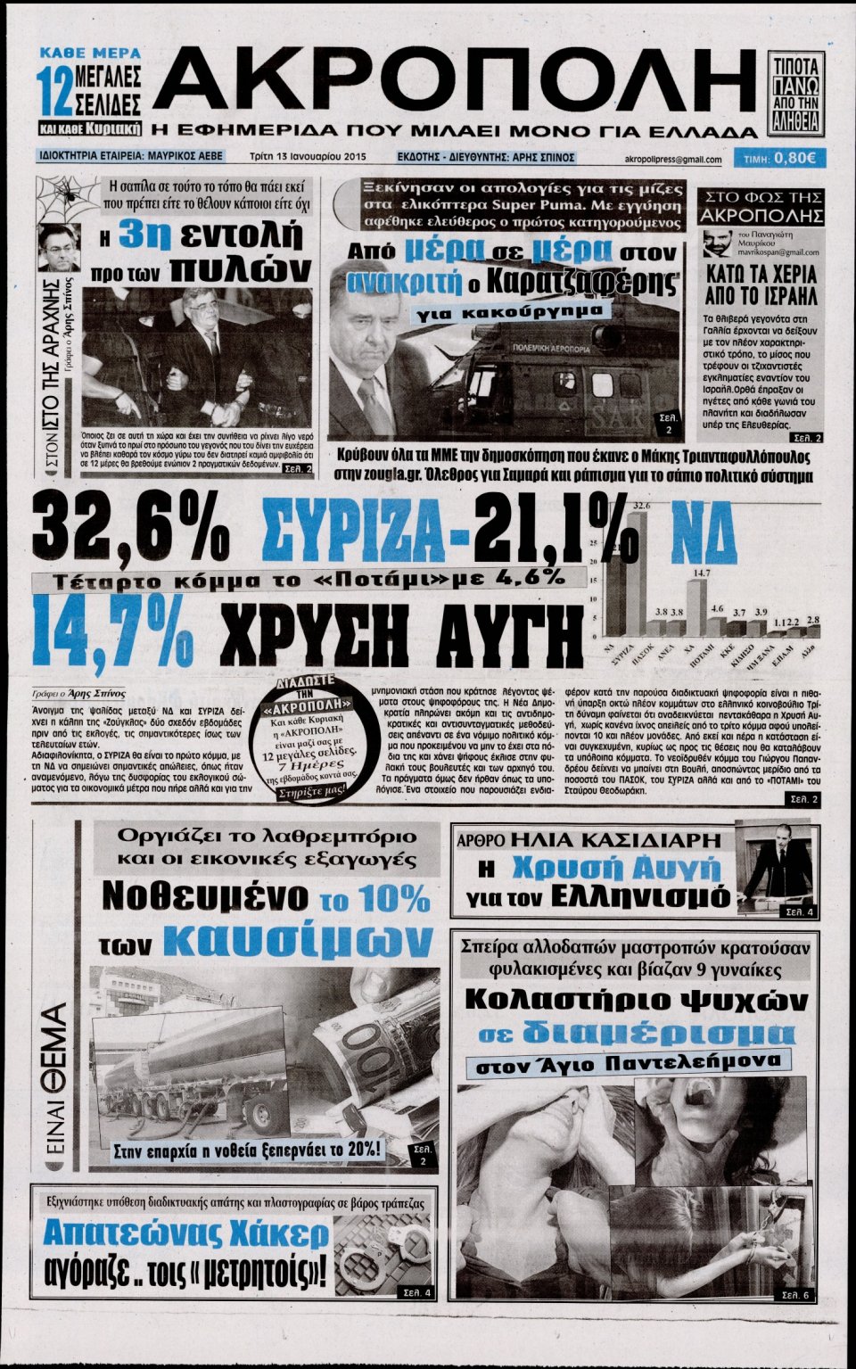 Πρωτοσέλιδο Εφημερίδας - Η ΑΚΡΟΠΟΛΗ - 2015-01-13