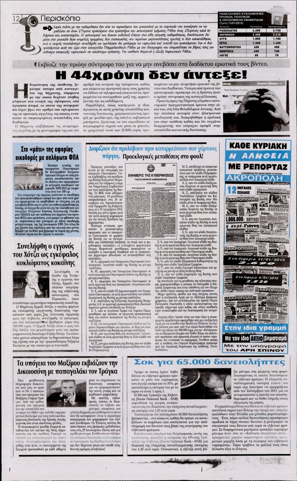 Οπισθόφυλλο Εφημερίδας - Η ΑΚΡΟΠΟΛΗ - 2015-01-16