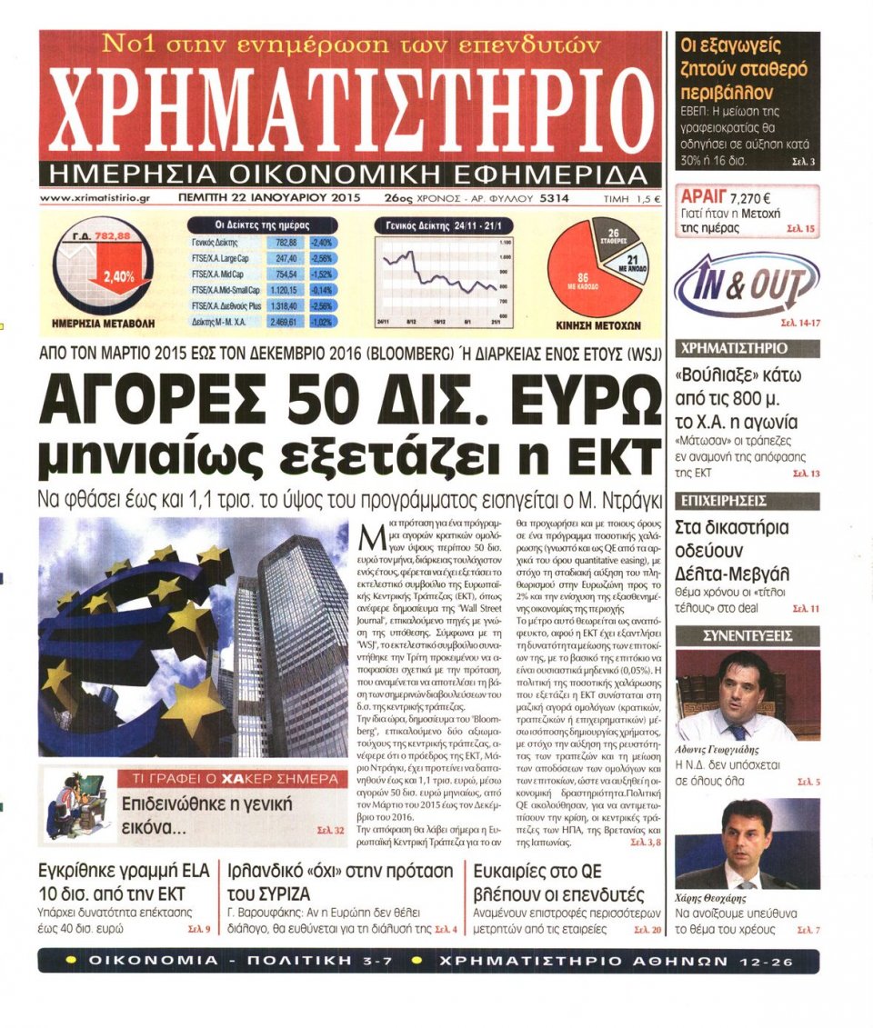 Πρωτοσέλιδο Εφημερίδας - ΧΡΗΜΑΤΙΣΤΗΡΙΟ - 2015-01-22
