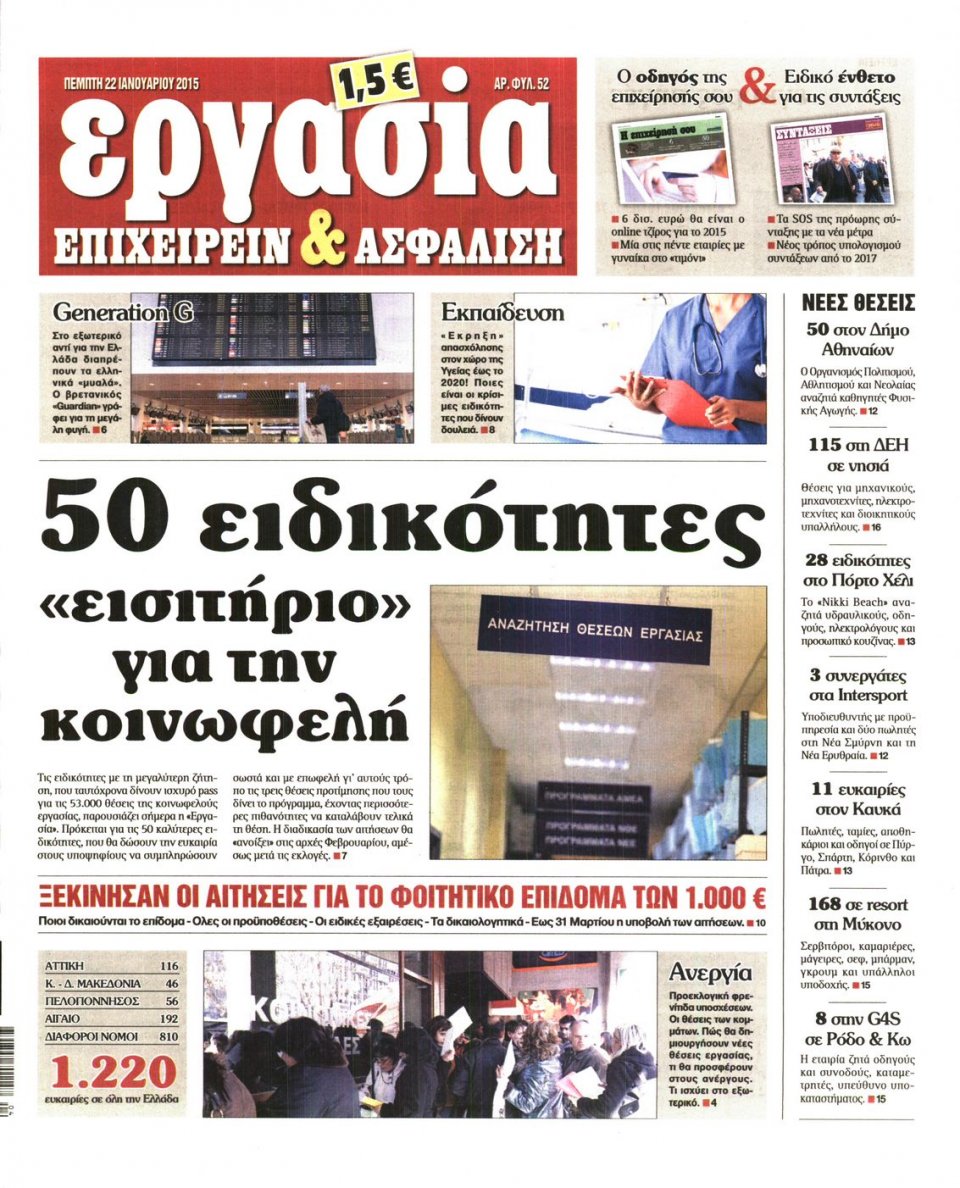 Πρωτοσέλιδο Εφημερίδας - ΕΡΓΑΣΙΑ - 2015-01-22
