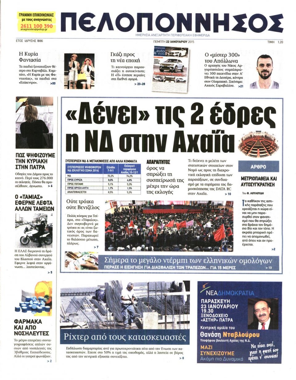 Πρωτοσέλιδο Εφημερίδας - ΠΕΛΟΠΟΝΝΗΣΟΣ - 2015-01-22