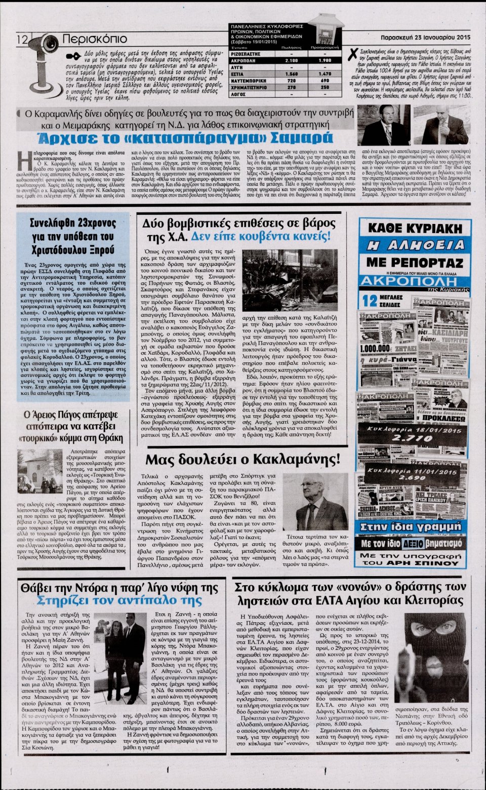 Οπισθόφυλλο Εφημερίδας - Η ΑΚΡΟΠΟΛΗ - 2015-01-23