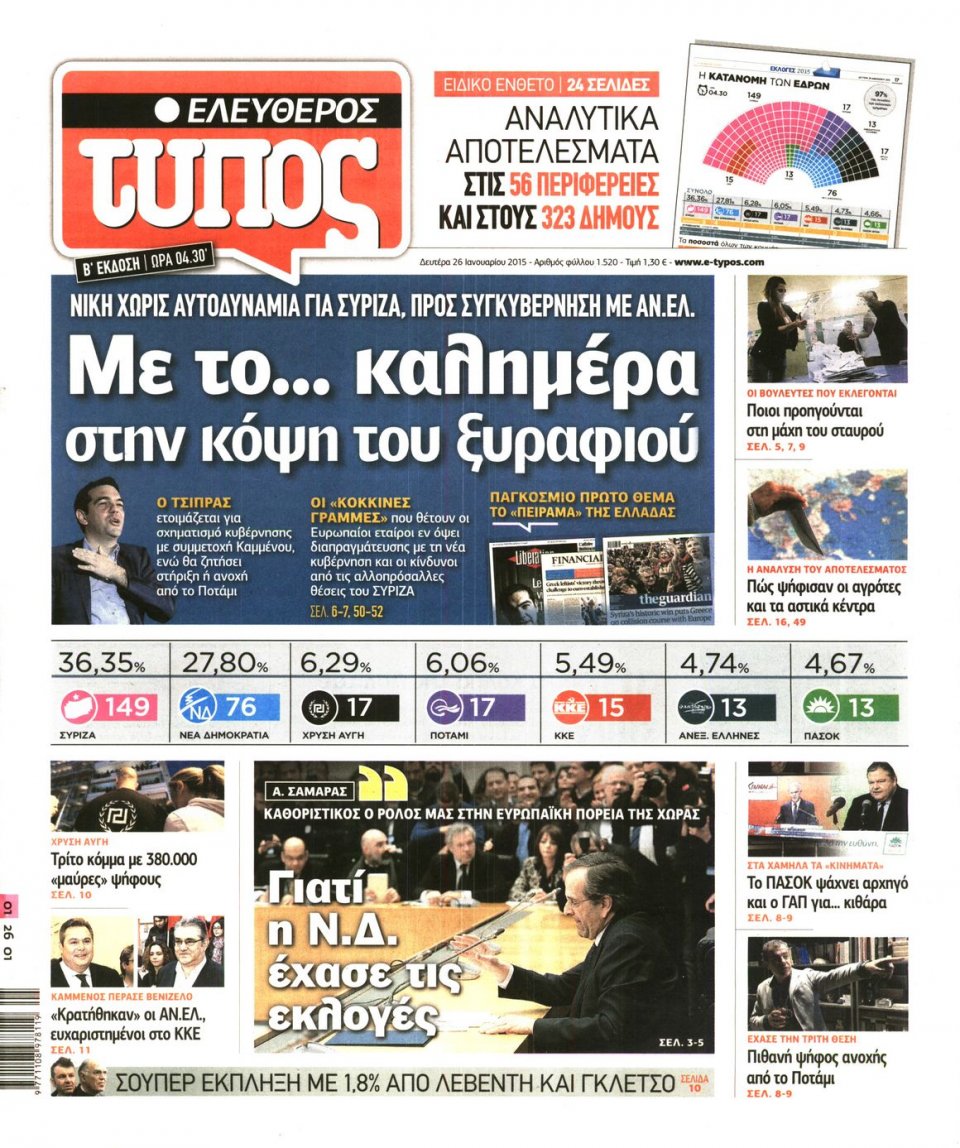 Πρωτοσέλιδο Εφημερίδας - ΕΛΕΥΘΕΡΟΣ ΤΥΠΟΣ - 2015-01-26
