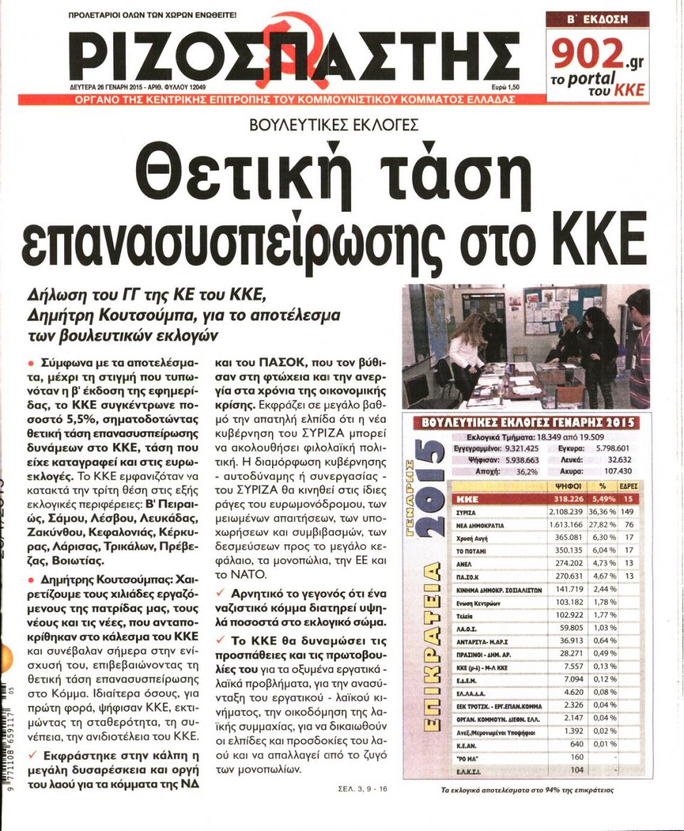 Πρωτοσέλιδο Εφημερίδας - ΡΙΖΟΣΠΑΣΤΗΣ - 2015-01-26
