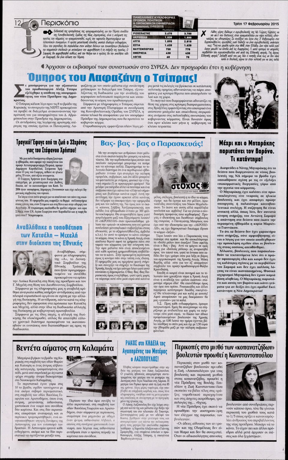 Οπισθόφυλλο Εφημερίδας - Η ΑΚΡΟΠΟΛΗ - 2015-02-17