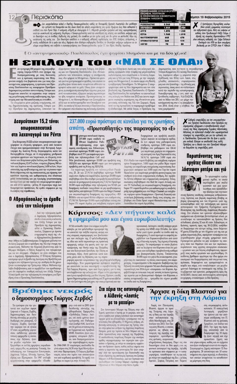 Οπισθόφυλλο Εφημερίδας - Η ΑΚΡΟΠΟΛΗ - 2015-02-19