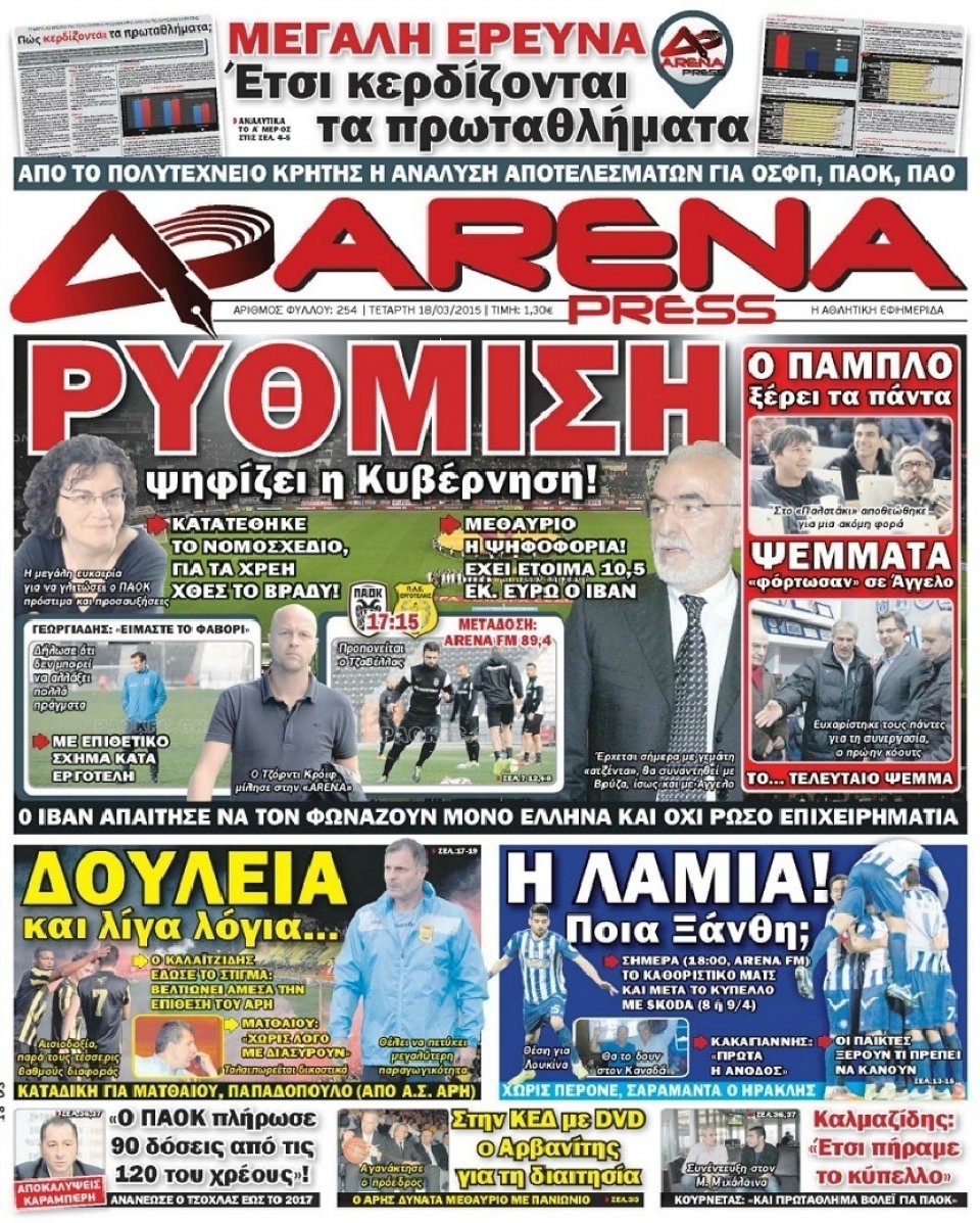 Πρωτοσέλιδο Εφημερίδας - ARENA PRESS - 2015-03-18