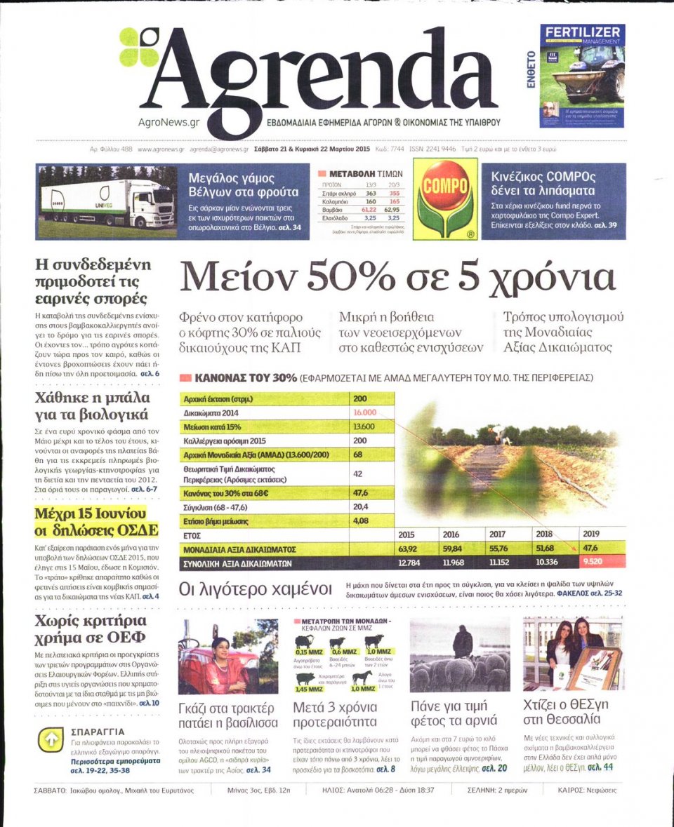 Πρωτοσέλιδο Εφημερίδας - AGRENDA - 2015-03-21