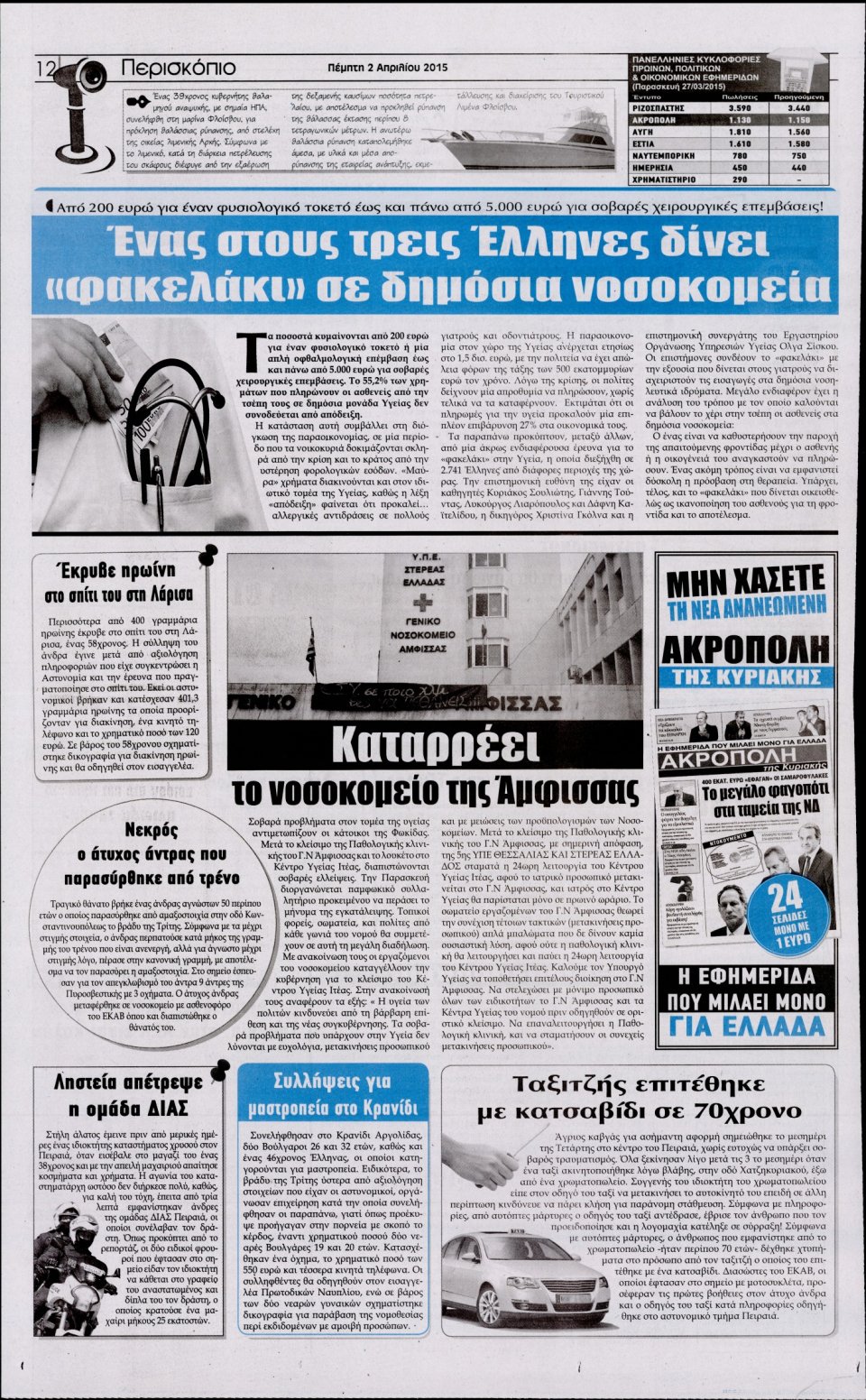 Οπισθόφυλλο Εφημερίδας - Η ΑΚΡΟΠΟΛΗ - 2015-04-02