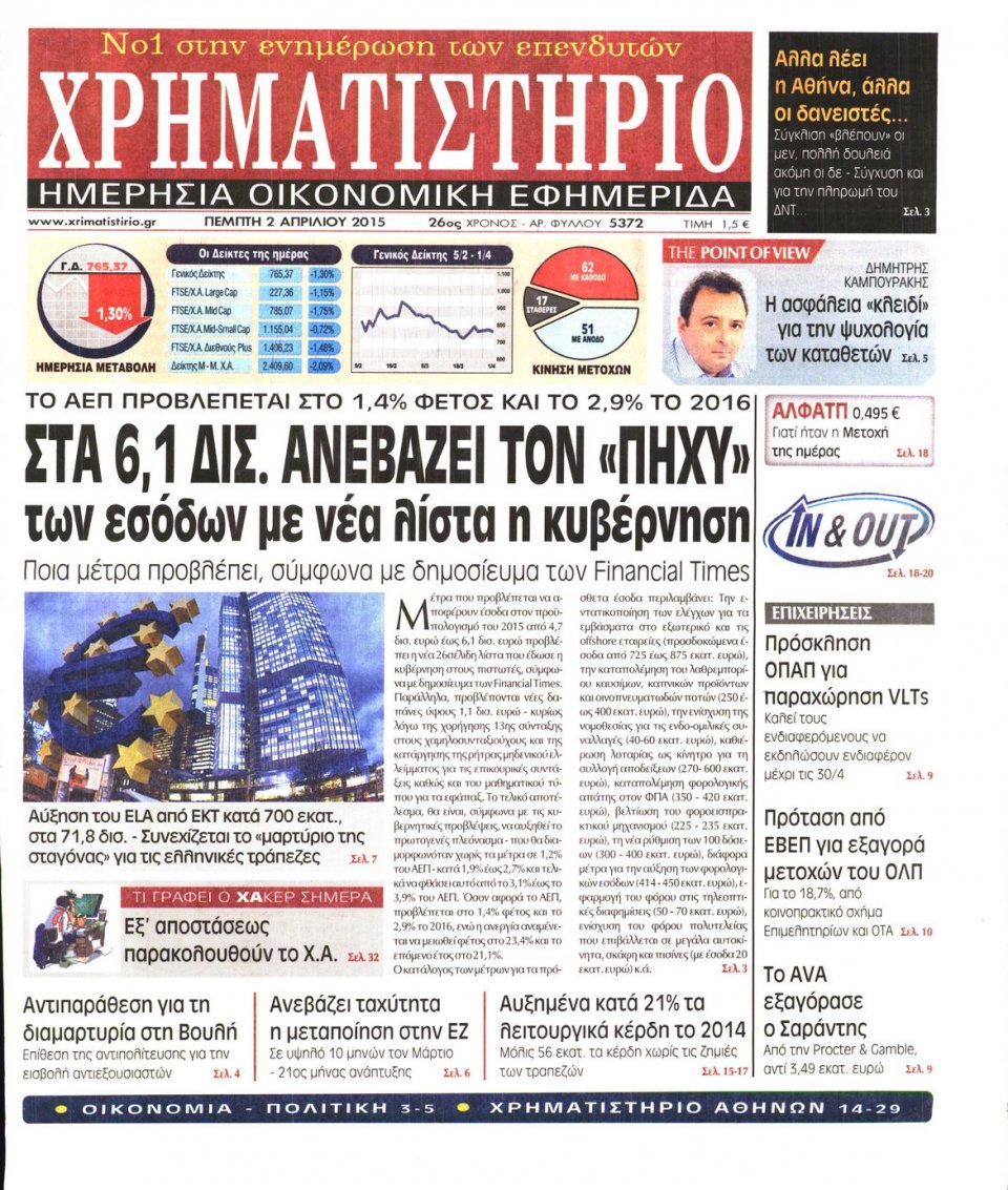 Πρωτοσέλιδο Εφημερίδας - ΧΡΗΜΑΤΙΣΤΗΡΙΟ - 2015-04-02