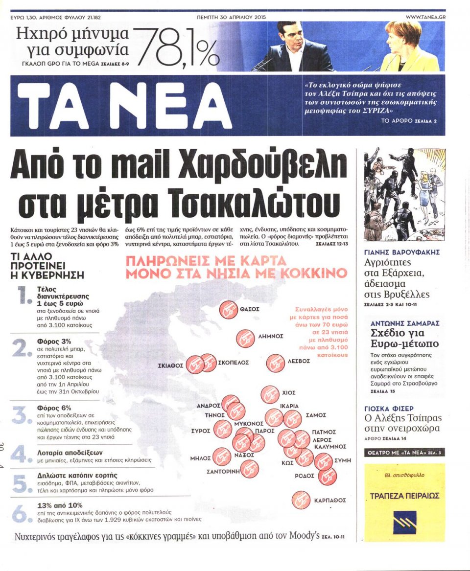 Πρωτοσέλιδο Εφημερίδας - ΤΑ ΝΕΑ - 2015-04-30