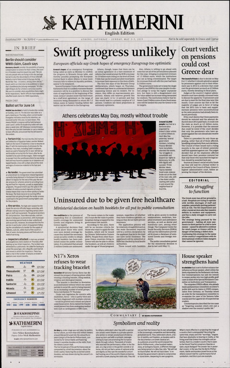 Πρωτοσέλιδο Εφημερίδας - INTERNATIONAL NEW YORK TIMES_KATHIMERINI - 2015-05-02