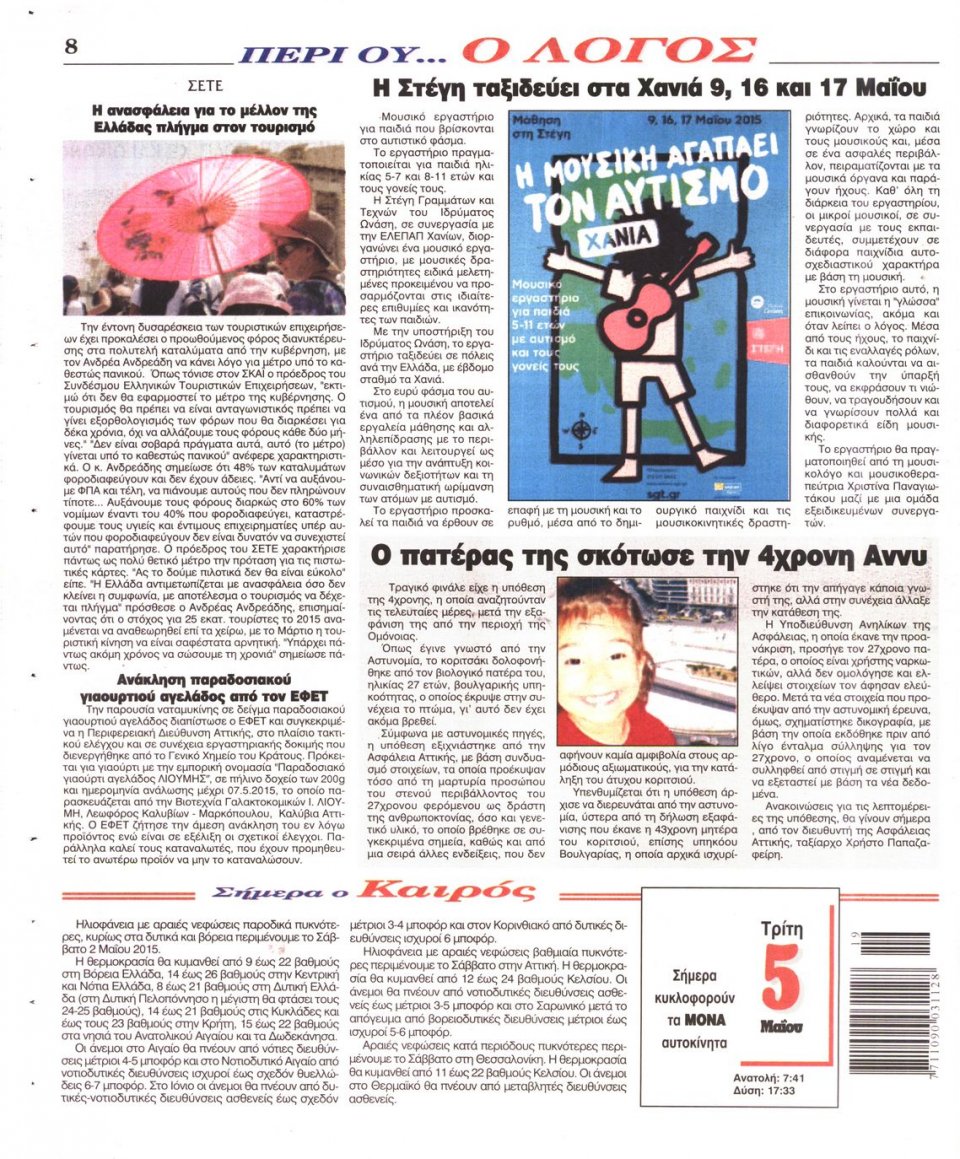 Οπισθόφυλλο Εφημερίδας - Ο ΛΟΓΟΣ - 2015-05-05