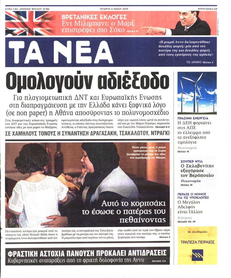 Πρωτοσέλιδο Εφημερίδας - ΤΑ ΝΕΑ - 2015-05-06