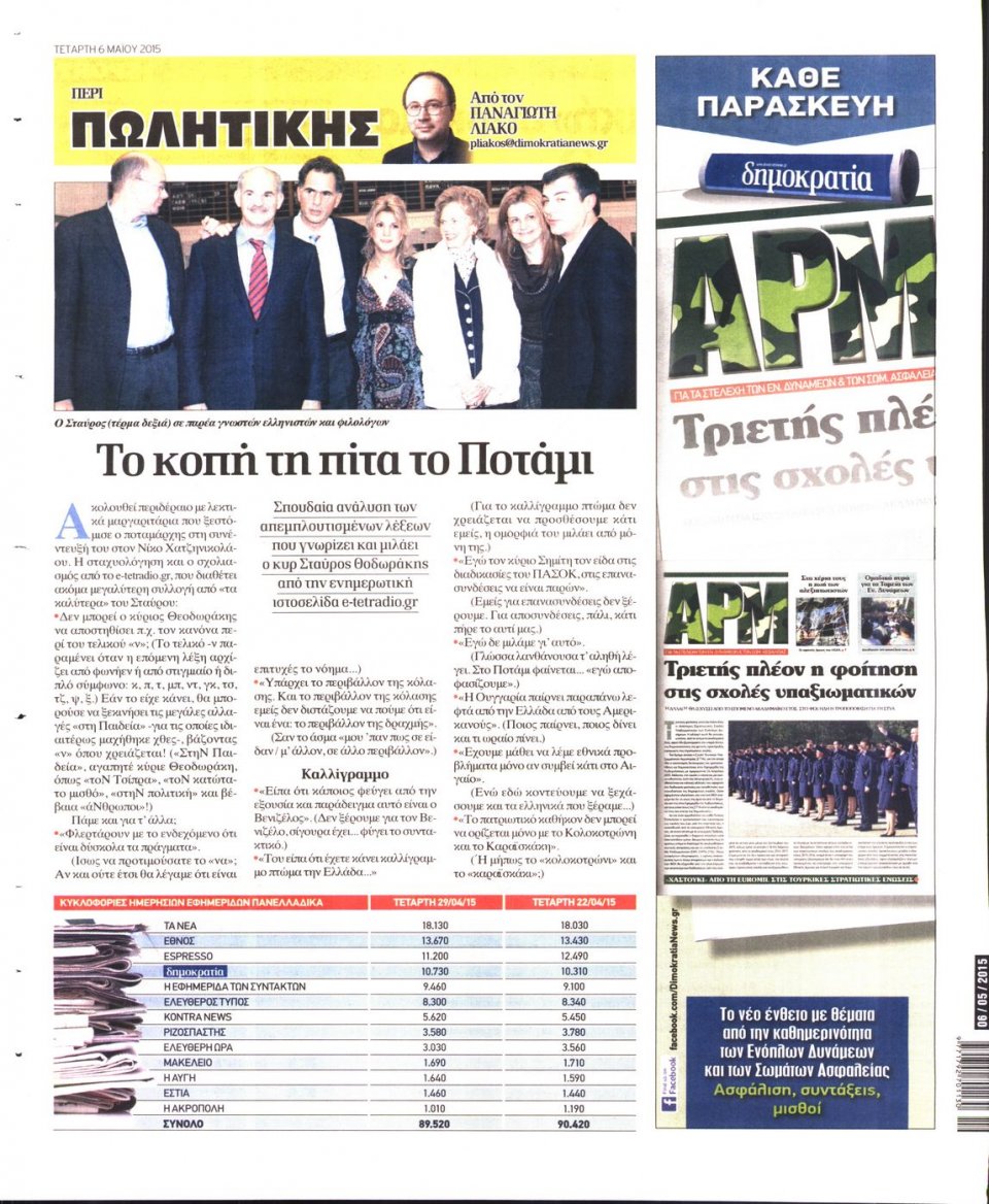Οπισθόφυλλο Εφημερίδας - ΔΗΜΟΚΡΑΤΙΑ - 2015-05-06