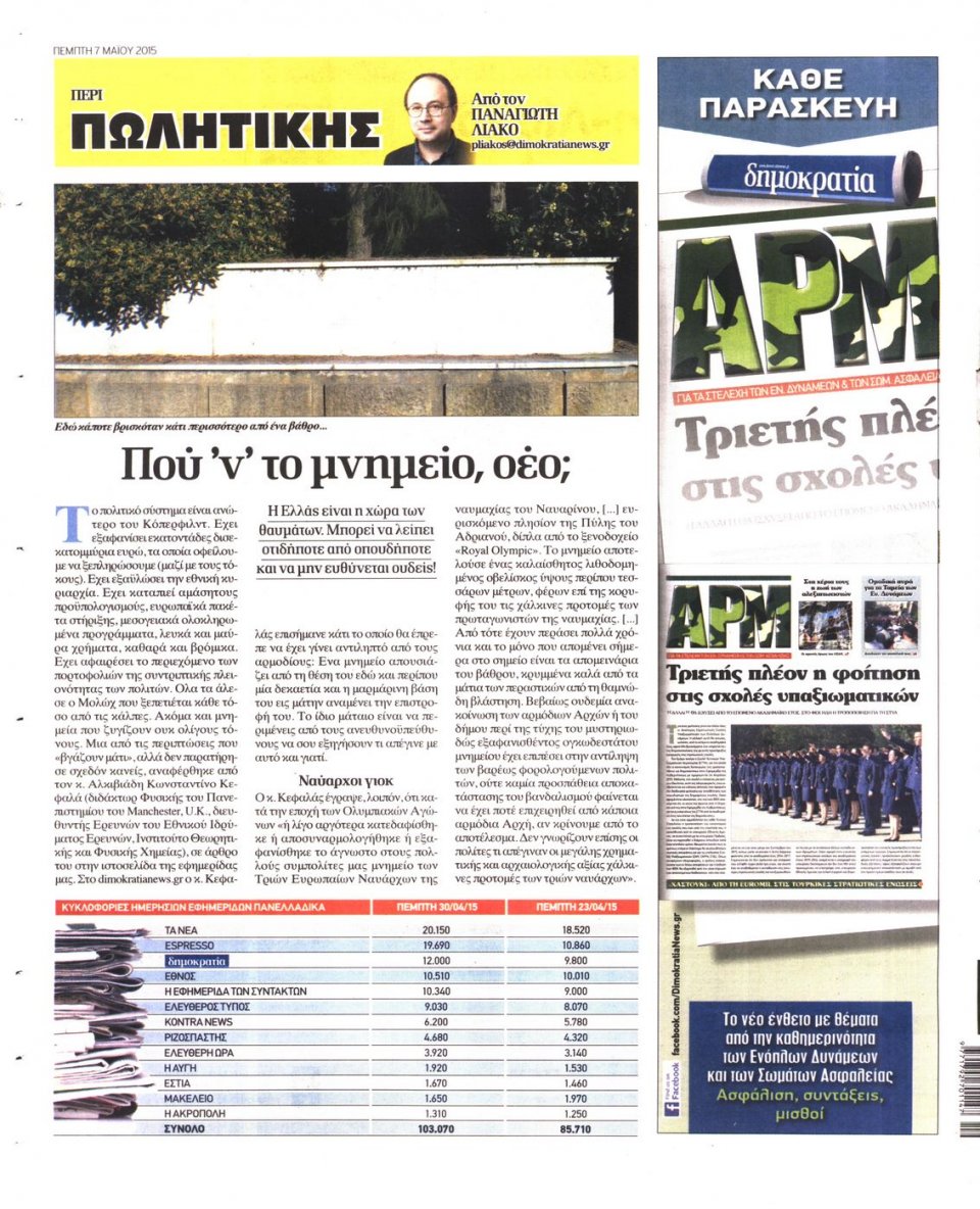 Οπισθόφυλλο Εφημερίδας - ΔΗΜΟΚΡΑΤΙΑ - 2015-05-07