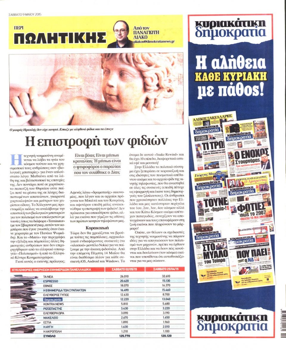 Οπισθόφυλλο Εφημερίδας - ΔΗΜΟΚΡΑΤΙΑ - 2015-05-09