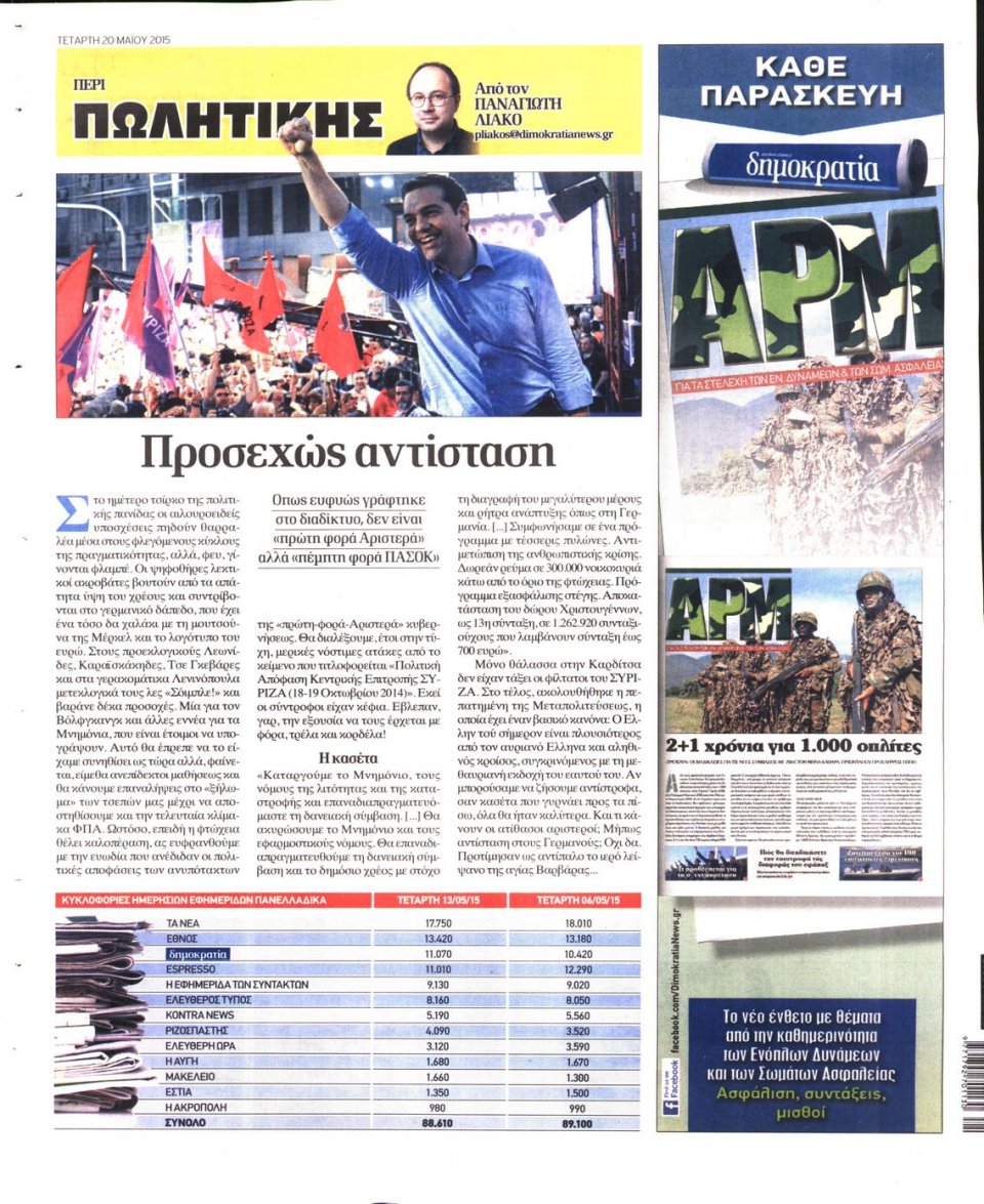 Οπισθόφυλλο Εφημερίδας - ΔΗΜΟΚΡΑΤΙΑ - 2015-05-20
