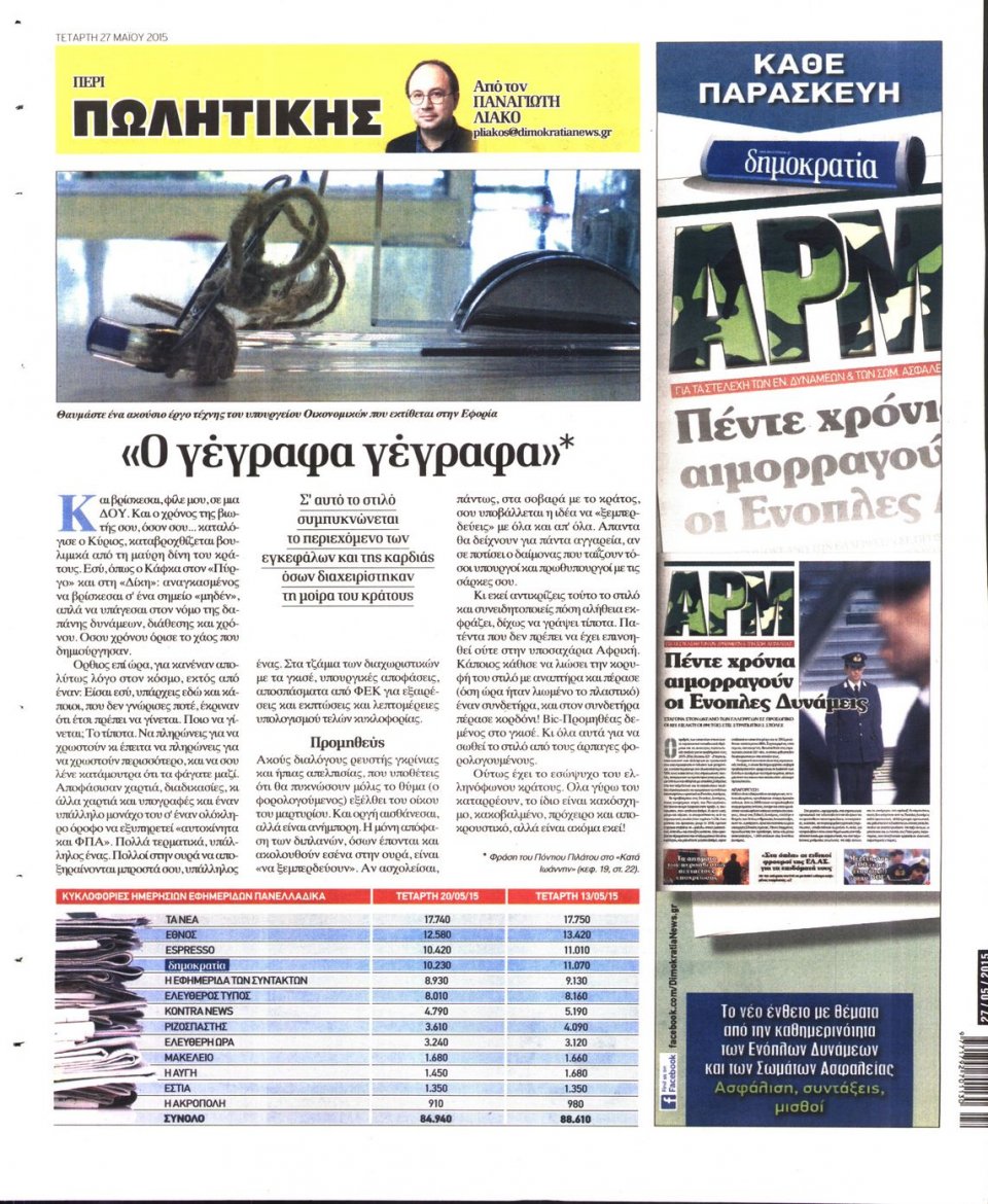 Οπισθόφυλλο Εφημερίδας - ΔΗΜΟΚΡΑΤΙΑ - 2015-05-27