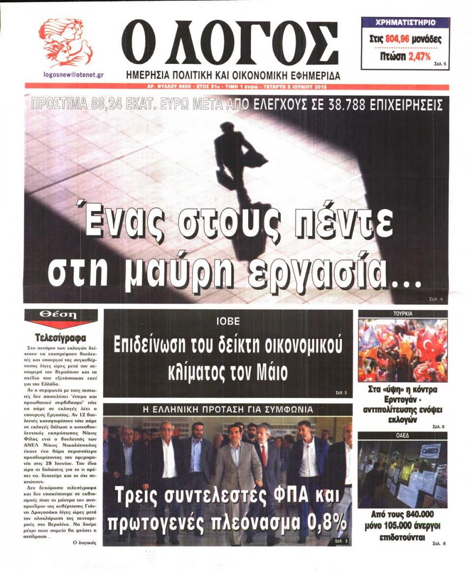 Πρωτοσέλιδο Εφημερίδας - Ο ΛΟΓΟΣ - 2015-06-03