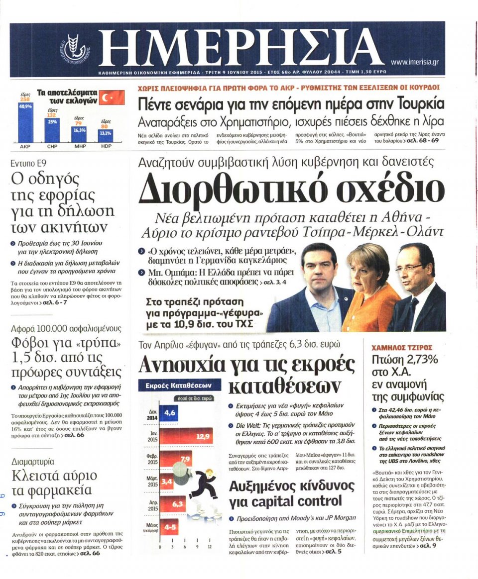 Πρωτοσέλιδο Εφημερίδας - ΗΜΕΡΗΣΙΑ - 2015-06-09