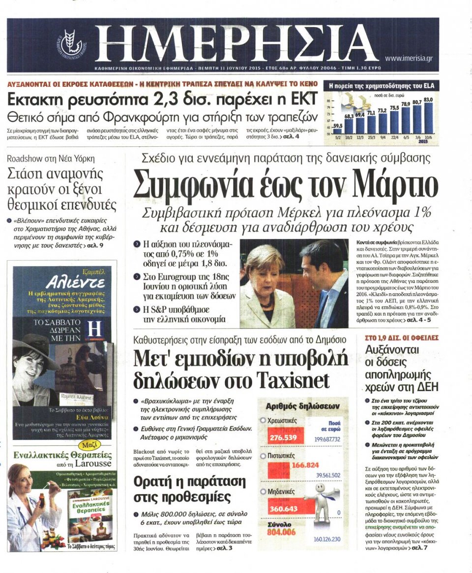 Πρωτοσέλιδο Εφημερίδας - ΗΜΕΡΗΣΙΑ - 2015-06-11