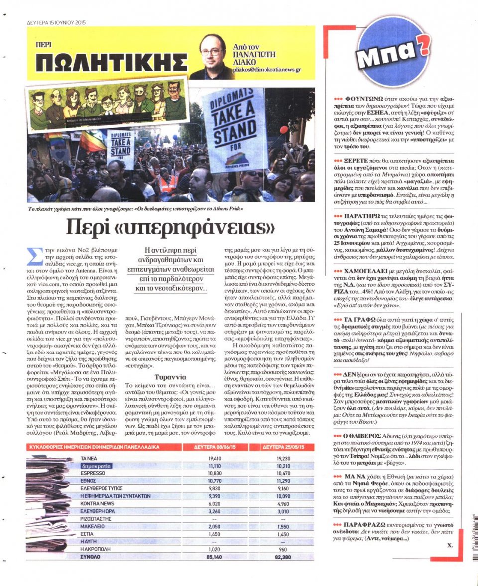 Οπισθόφυλλο Εφημερίδας - ΔΗΜΟΚΡΑΤΙΑ - 2015-06-15