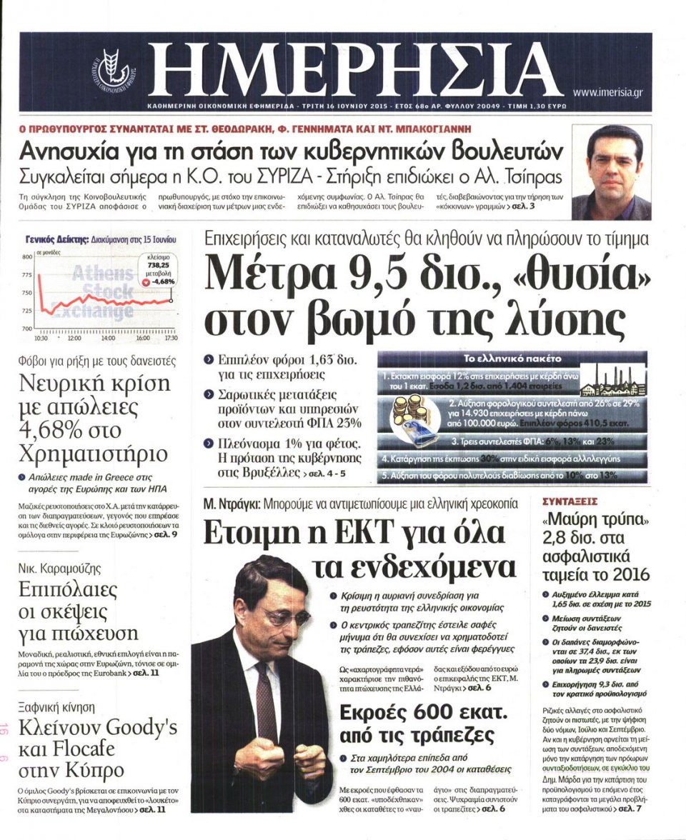Πρωτοσέλιδο Εφημερίδας - ΗΜΕΡΗΣΙΑ - 2015-06-16