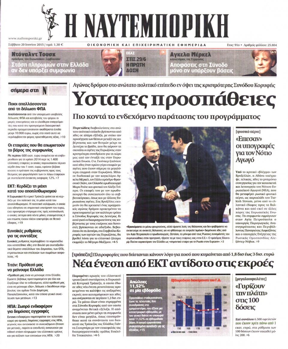Πρωτοσέλιδο Εφημερίδας - ΝΑΥΤΕΜΠΟΡΙΚΗ - 2015-06-20