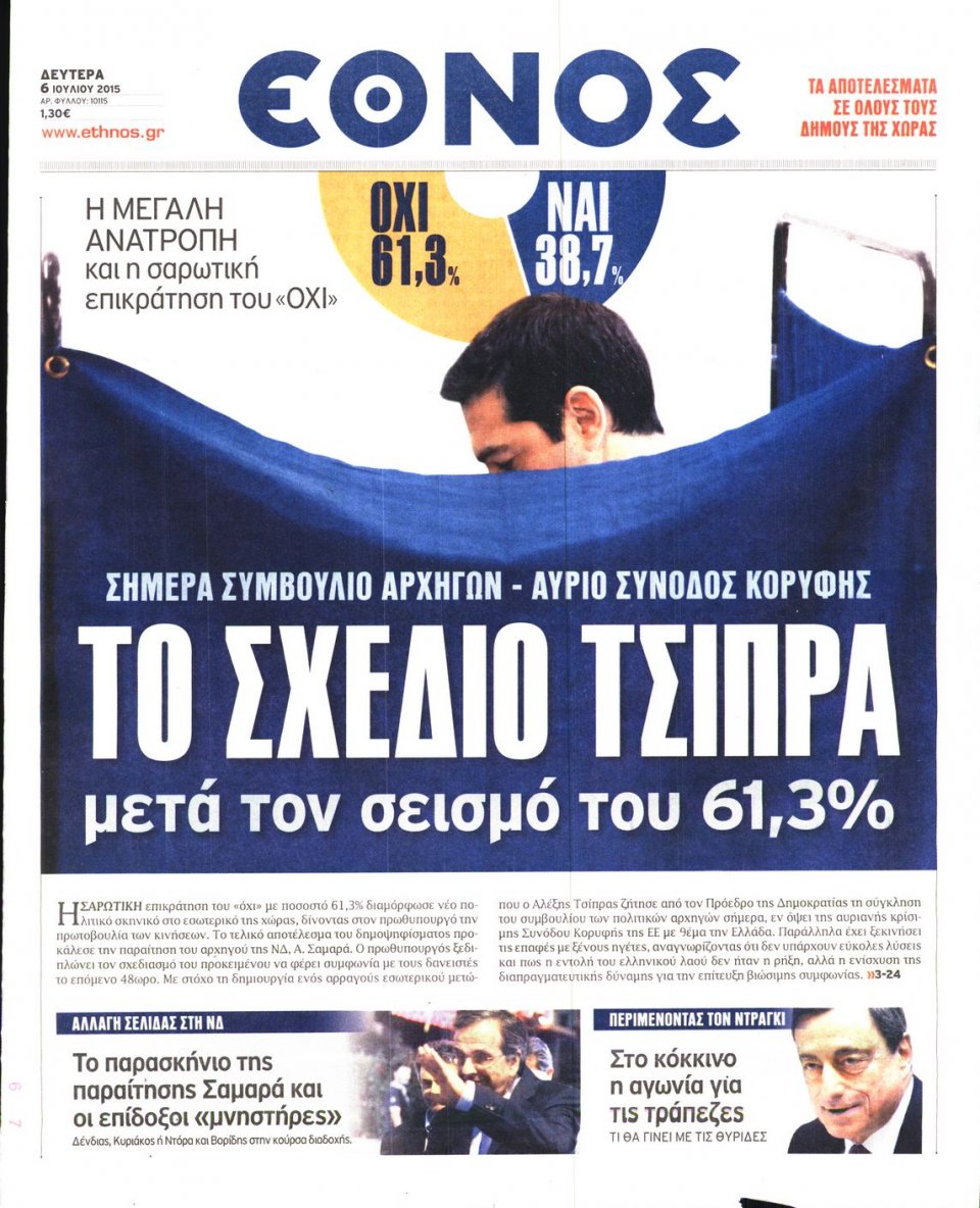 Πρωτοσέλιδο Εφημερίδας - ΕΘΝΟΣ - 2015-07-06