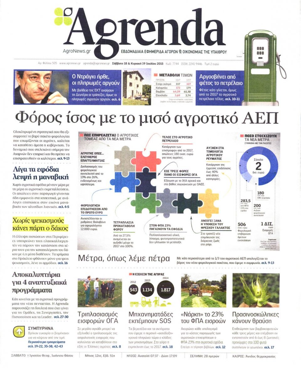 Πρωτοσέλιδο Εφημερίδας - AGRENDA - 2015-07-18