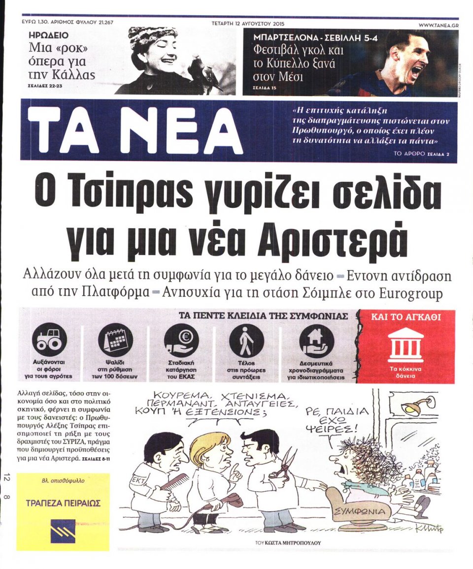 Πρωτοσέλιδο Εφημερίδας - ΤΑ ΝΕΑ - 2015-08-12