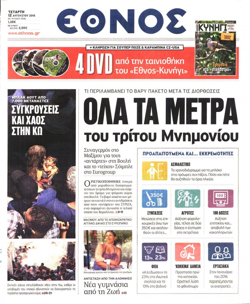 Πρωτοσέλιδο Εφημερίδας - ΕΘΝΟΣ - 2015-08-12