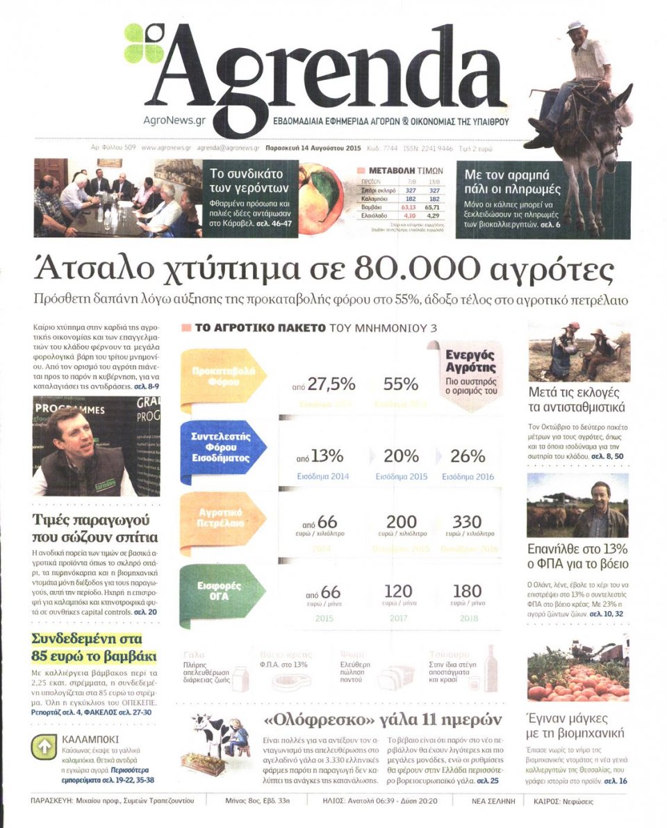 Πρωτοσέλιδο Εφημερίδας - AGRENDA - 2015-08-14